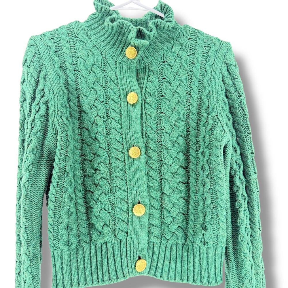 JCrew Cable Knit Cardigan Womens Small Green Gold Crest Buttons Dark Academia - Picture 2 of 14